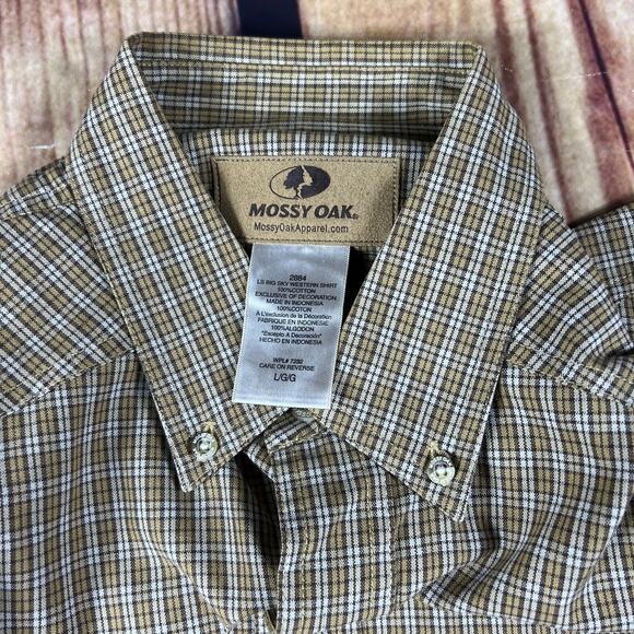 Mossy Oak Shirt Mens Large Brown Button Plaid Long Sleeve Embroidered Logo Spell - Picture 2 of 9
